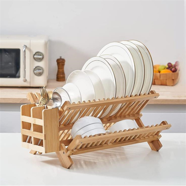 Bamboo Dish Drying Rack with Utensil Holder 3 Tier Collapsible Bamboo Wooden Dish Drying Rack for Kitchen Counter