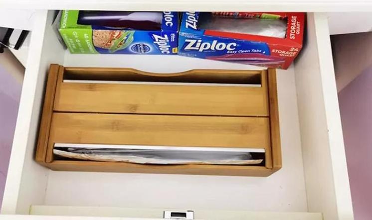 2024 Kitchen Drawer Wooden tin foil Paper Organizer Bamboo Plastic Wrapped Film Dispenser with Cutter