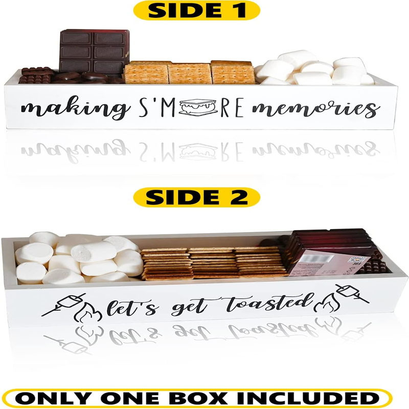 S'Mores Caddy Farmhouse Bar holder with Cutout Handle Wooden Station Accessories Supplies Container Box Serving Tray (White)