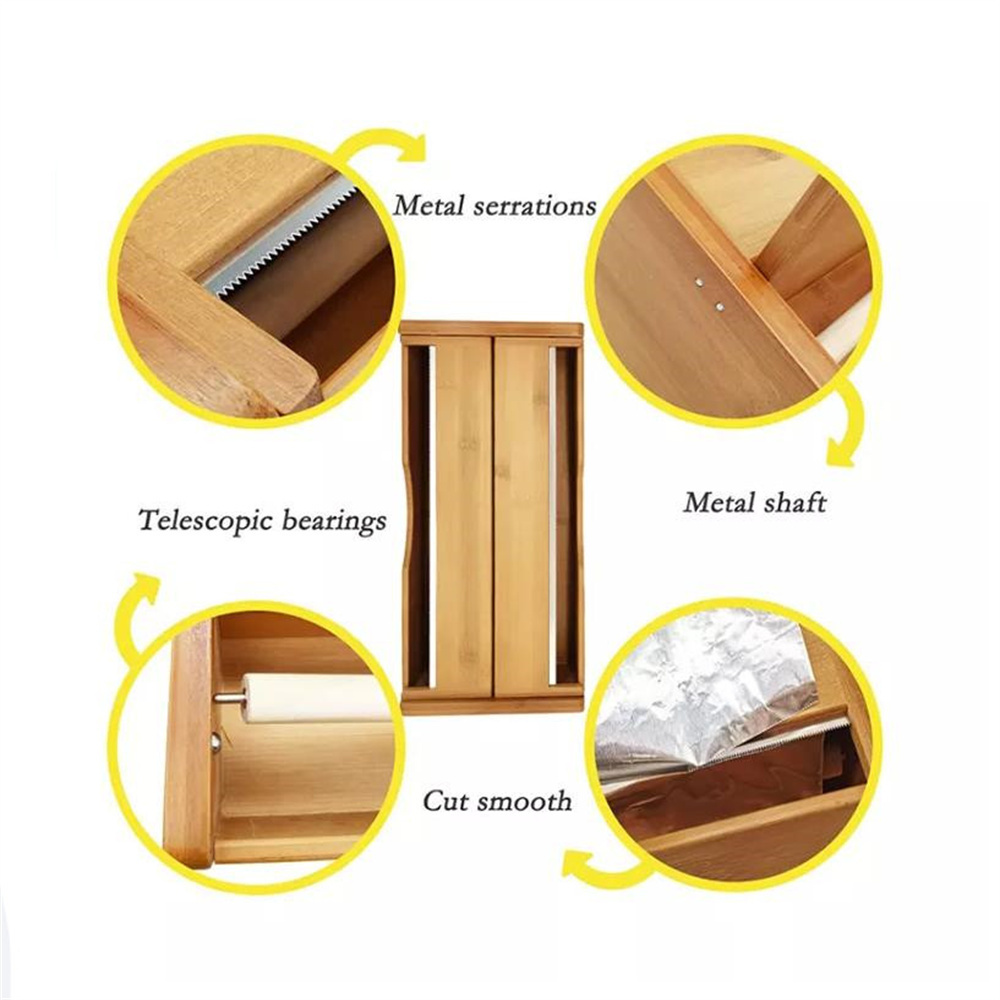 2024 Kitchen Drawer Wooden tin foil Paper Organizer Bamboo Plastic Wrapped Film Dispenser with Cutter