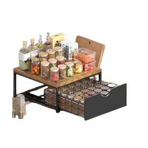 Pull Out Spice Rack Organizer for Countertop Cabinet with Wood Shelf,Drawer Metal Pull Down Spice Drawer Can Hold 36 Jars