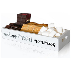 S'Mores Caddy Farmhouse Bar holder with Cutout Handle Wooden Station Accessories Supplies Container Box Serving Tray (White)