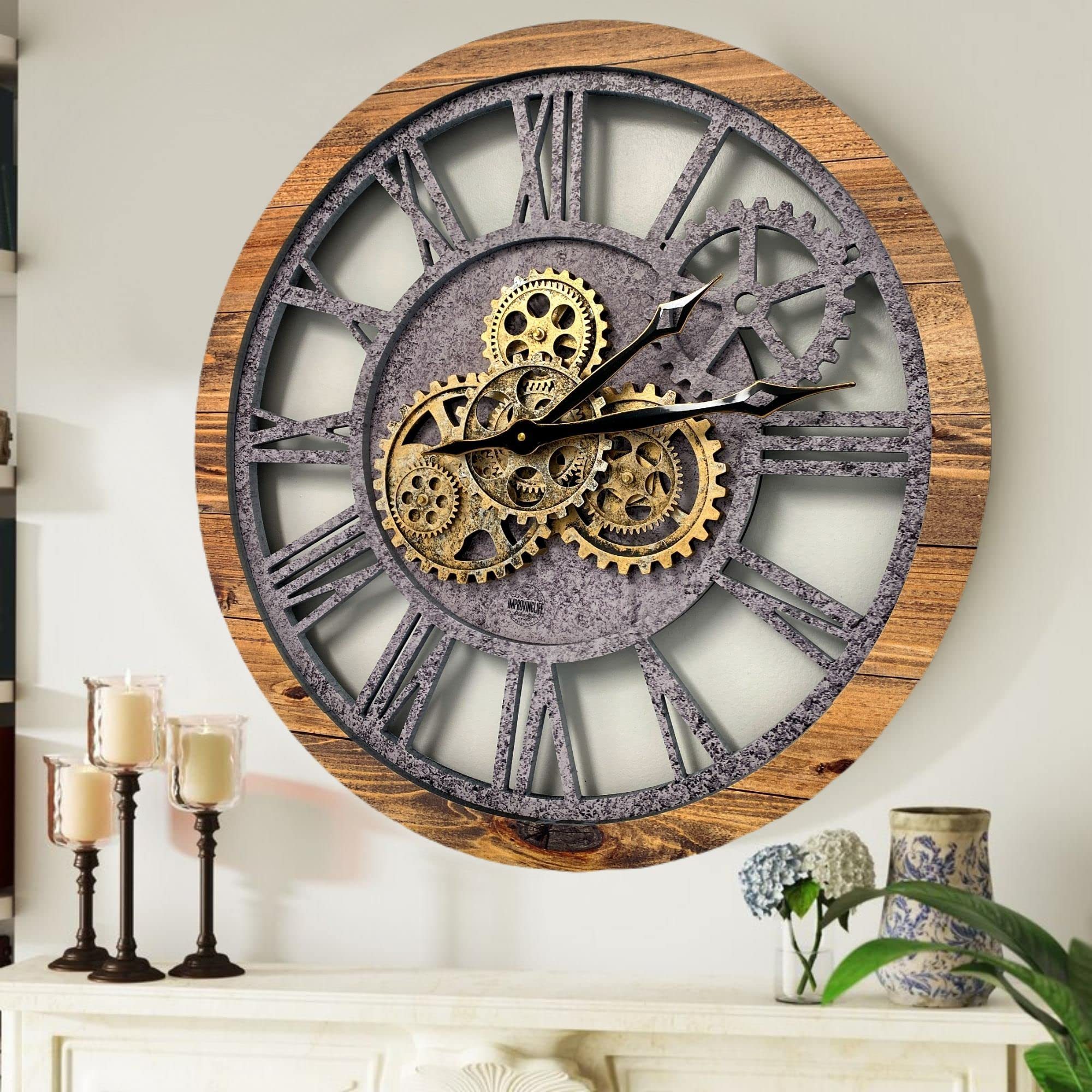 Handmade Wooden Crafts Oem Custom Moving Gear 3d Decor Clock Wall Watch modern wall clock