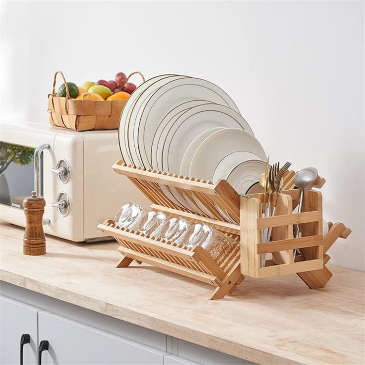 Bamboo Dish Drying Rack with Utensil Holder 3 Tier Collapsible Bamboo Wooden Dish Drying Rack for Kitchen Counter