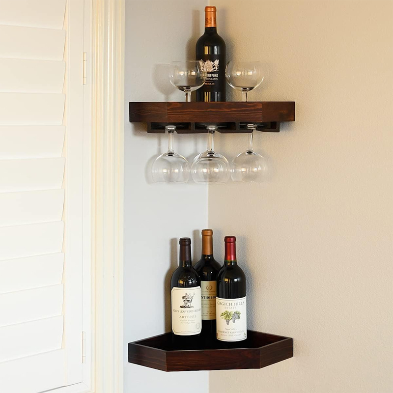 Home Storage 2 Pack Wooden Rustic Floating Corner Wine Holder with 6-7 Glass Slot Holder Wall Mounted Corner Wine Rack