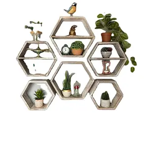 2024 Rustic Wall Mounted Hexagonal Floating Shelves Set of 3 wooden Honeycomb hanging  Shelves wood Honeycomb Wall decor