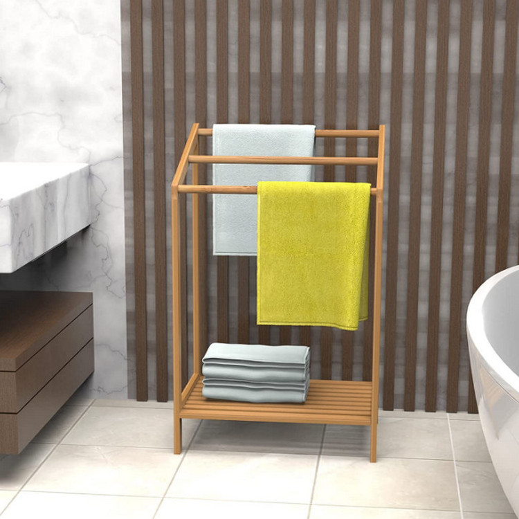 Bathroom Organizer 3 Tier Freestanding Towel Holders Bamboo Towel Rack With Bottom Storage Shelf