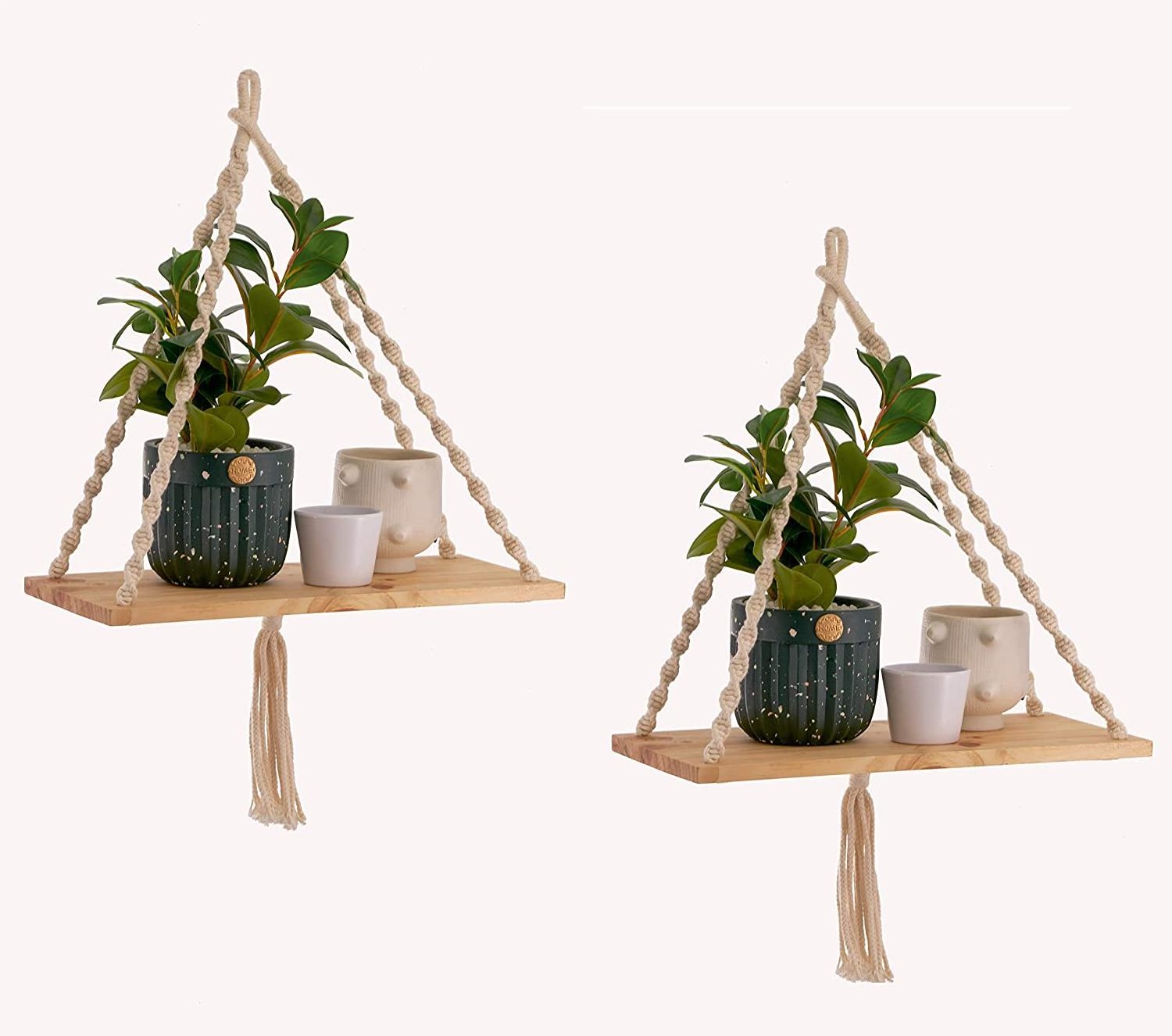 Wooden Hanging Floating Shelf 2 Piece Set Wall Rope Shelf Indoor and Outdoor Hanging Plant Rack Stand Flower Pot