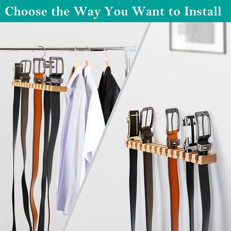 Belt Hanger for Close Wooden Wall Mount 14 Belt Organizer  Rack w/ 360 Swivel Hook, Tie and Belt Organizer Display