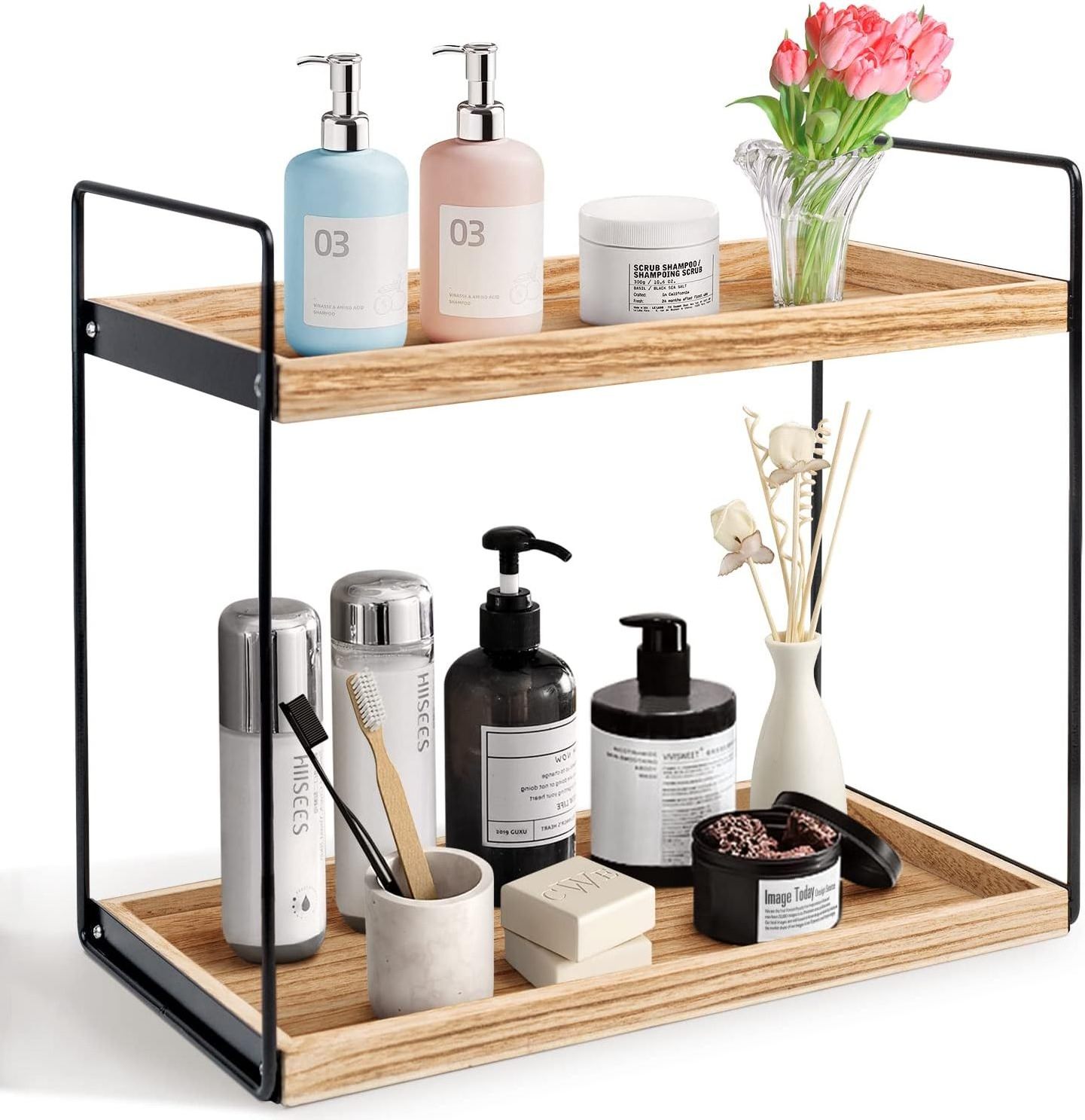 custom Kitchen Countertop Spice Basket Storage Shelf Counter Standing Rack Cosmetic Holder 2 Tier Bathroom Countertop Organizer