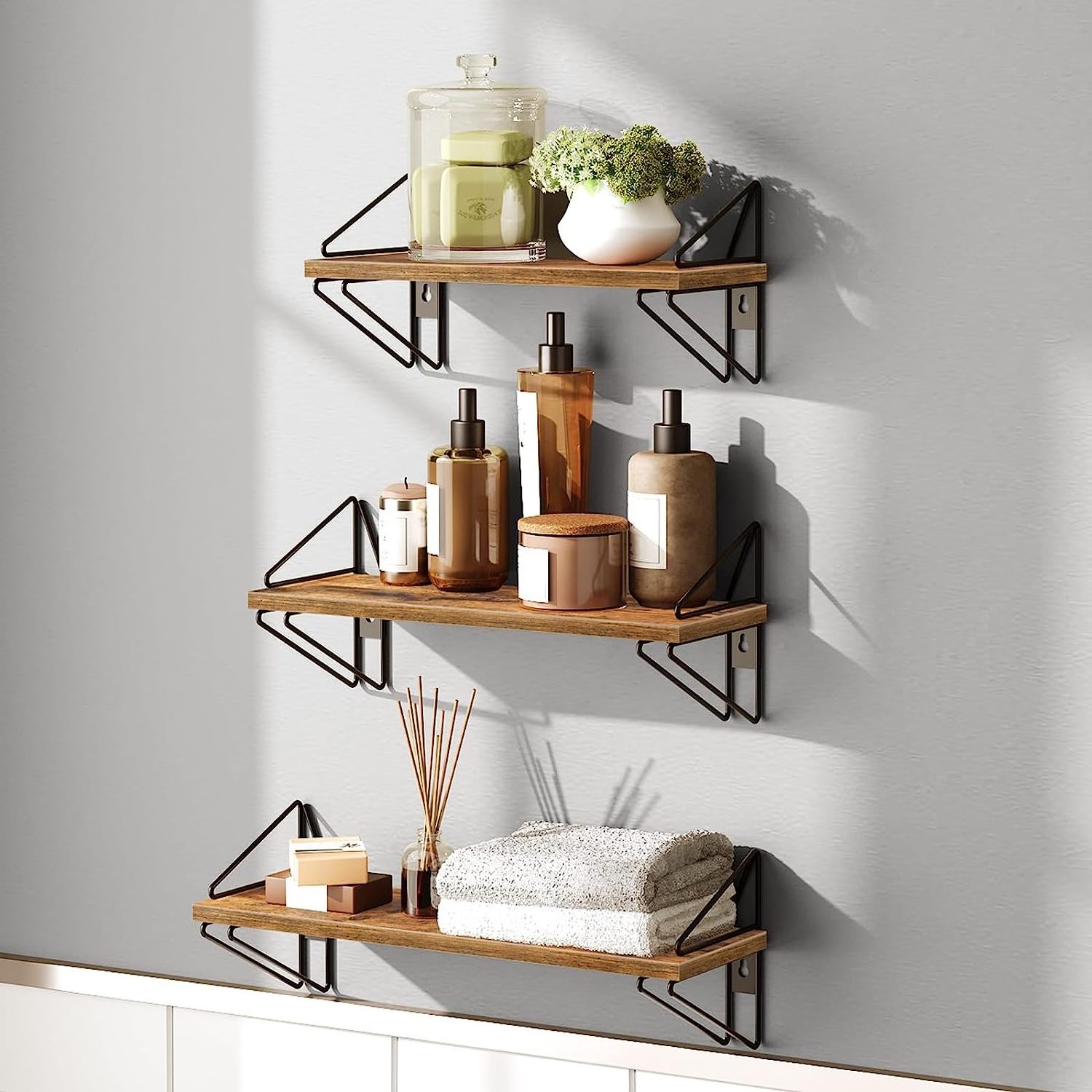 Manufacturers supply wall mounted partition storage rack suspended wall shelving Wooden floating shelf bathroom storage