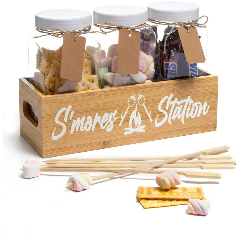 Smores Kit for Fire Pit - Smores Caddy with Jar Sticks for Maker Gift Set | Wooden Box for Kit  Camping Supplies