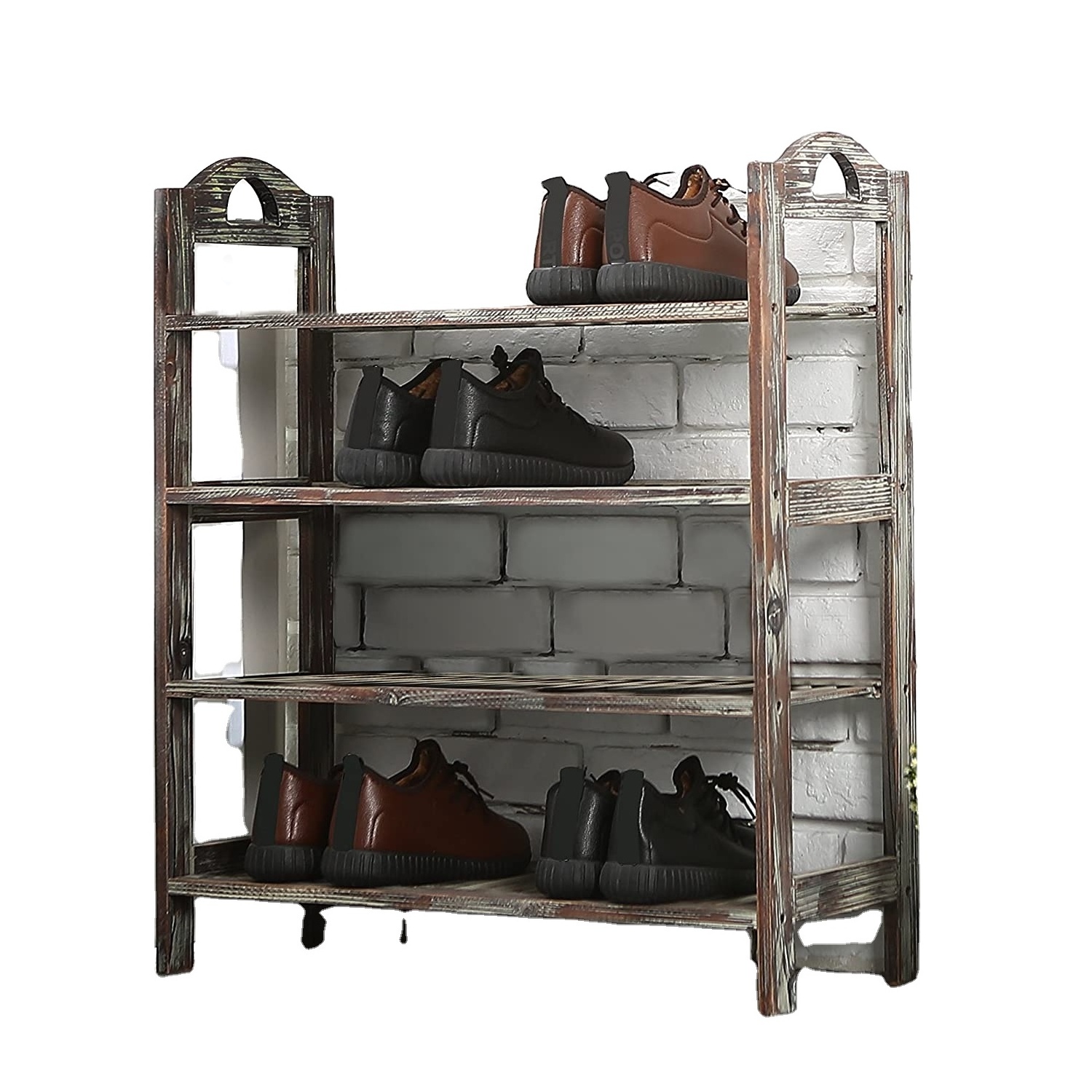 2024 Easy Transport 4 Tier Country Torch Slats Storage Entrance Practical Shelf Design Shoe Rack Wooden Rustic