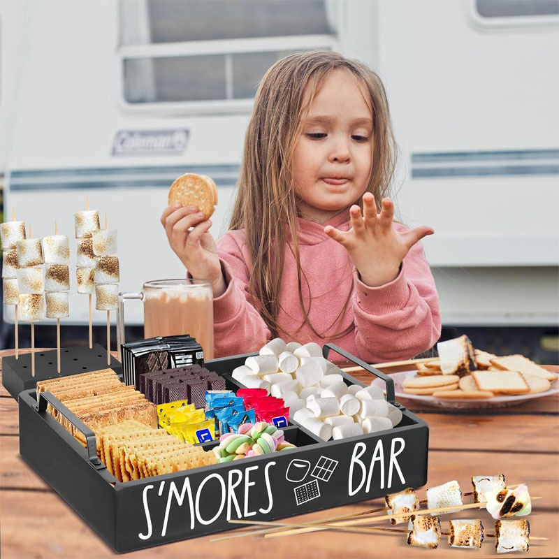 Wooden S'mores Bar Station, Smores Caddy Holder with Handles for Counter, Farmhouse S'mores Serving Tray for Kitchen