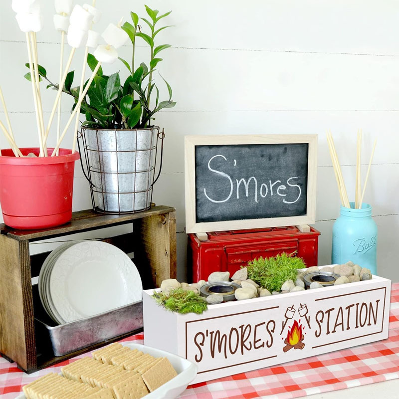 S'Mores Station Wooden Box Smores Bar Holder Farmhouse Home Decor Rustic Kitchen Table Countertop Wood Organizer Camping