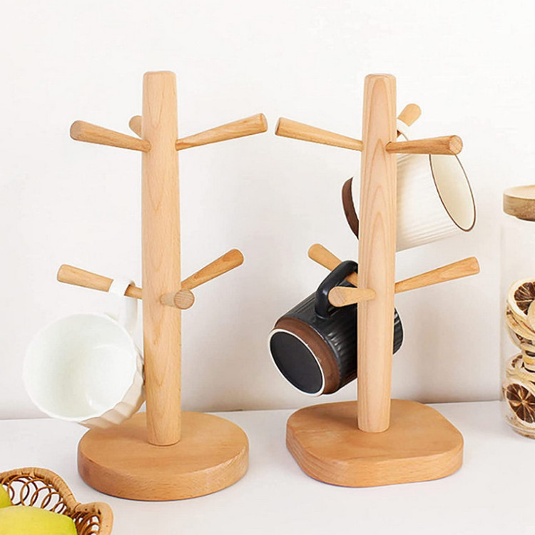 Wood Cup Rack Tea Coffee Bar Organizer Accessories Mug Hanger Stands Wooden Mug Holder Tree With 6 Hooks