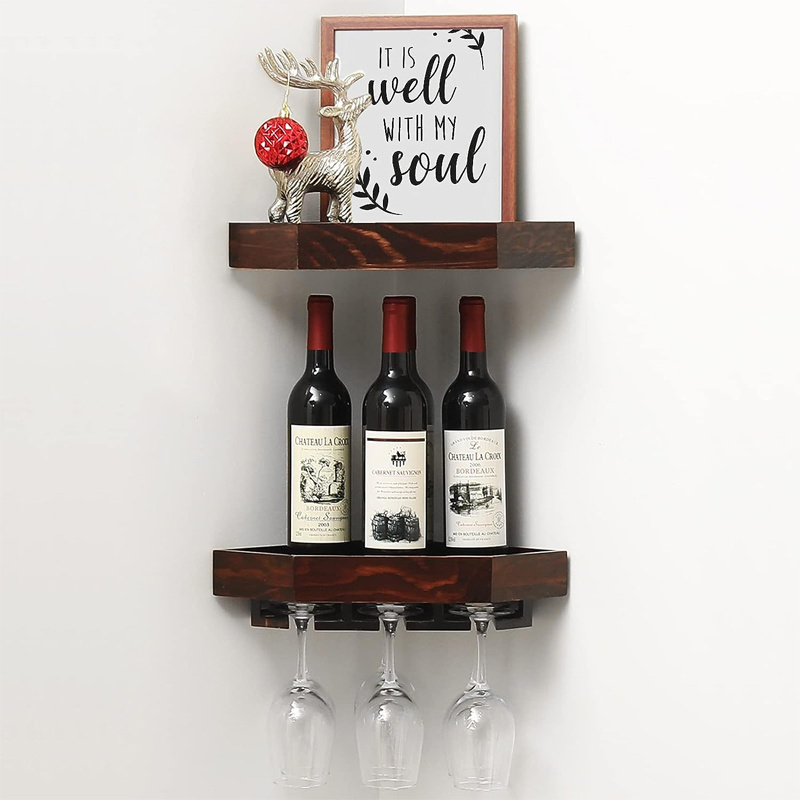 Home Storage 2 Pack Wooden Rustic Floating Corner Wine Holder with 6-7 Glass Slot Holder Wall Mounted Corner Wine Rack