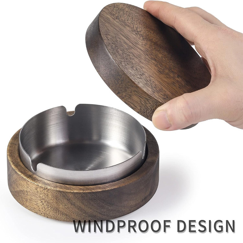 Stainless Steel Liner Ash Tray Windproof Durable Easy to Clean Cool Ashtrays for Smokers Wooden Ashtray with Lid