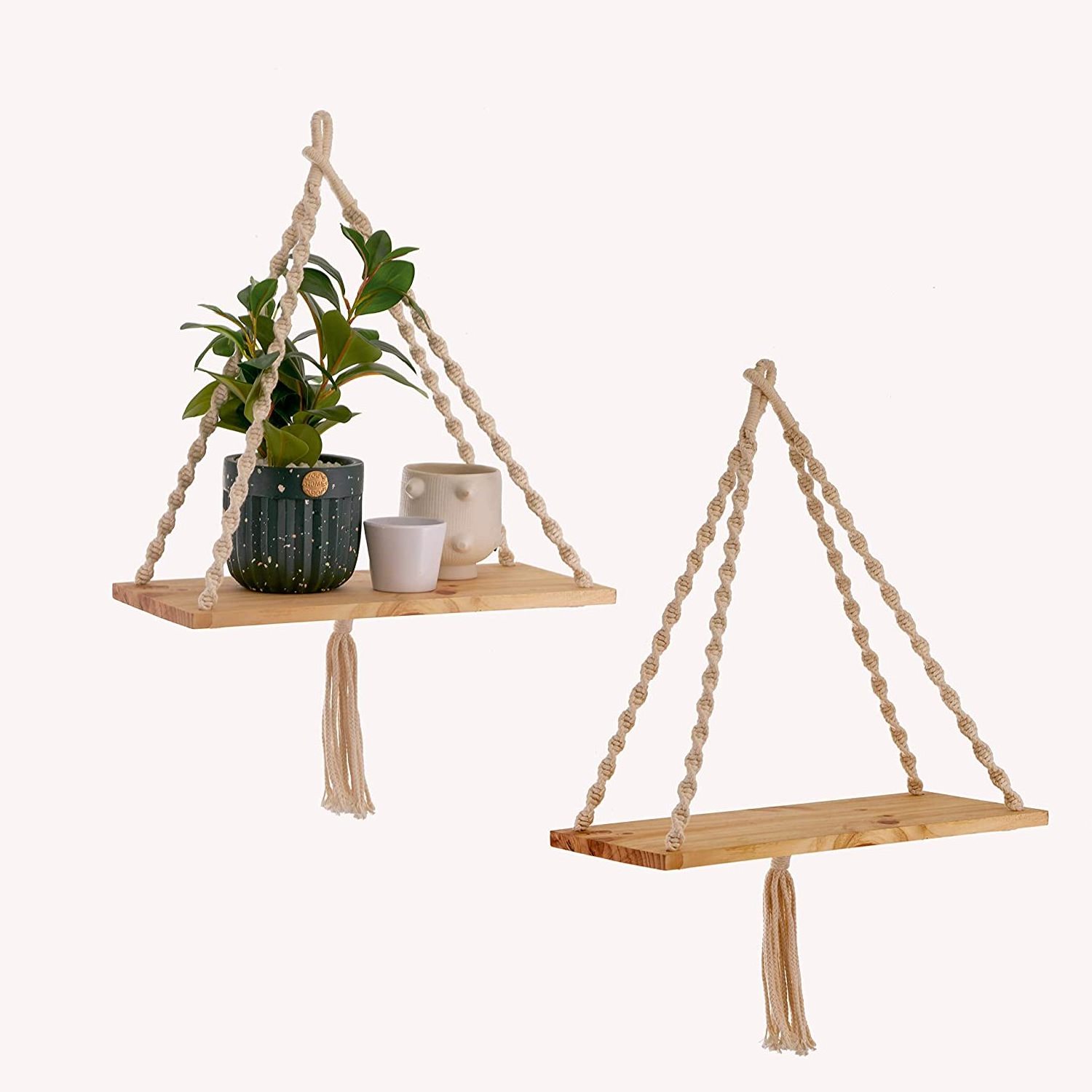 Wooden Hanging Floating Shelf 2 Piece Set Wall Rope Shelf Indoor and Outdoor Hanging Plant Rack Stand Flower Pot