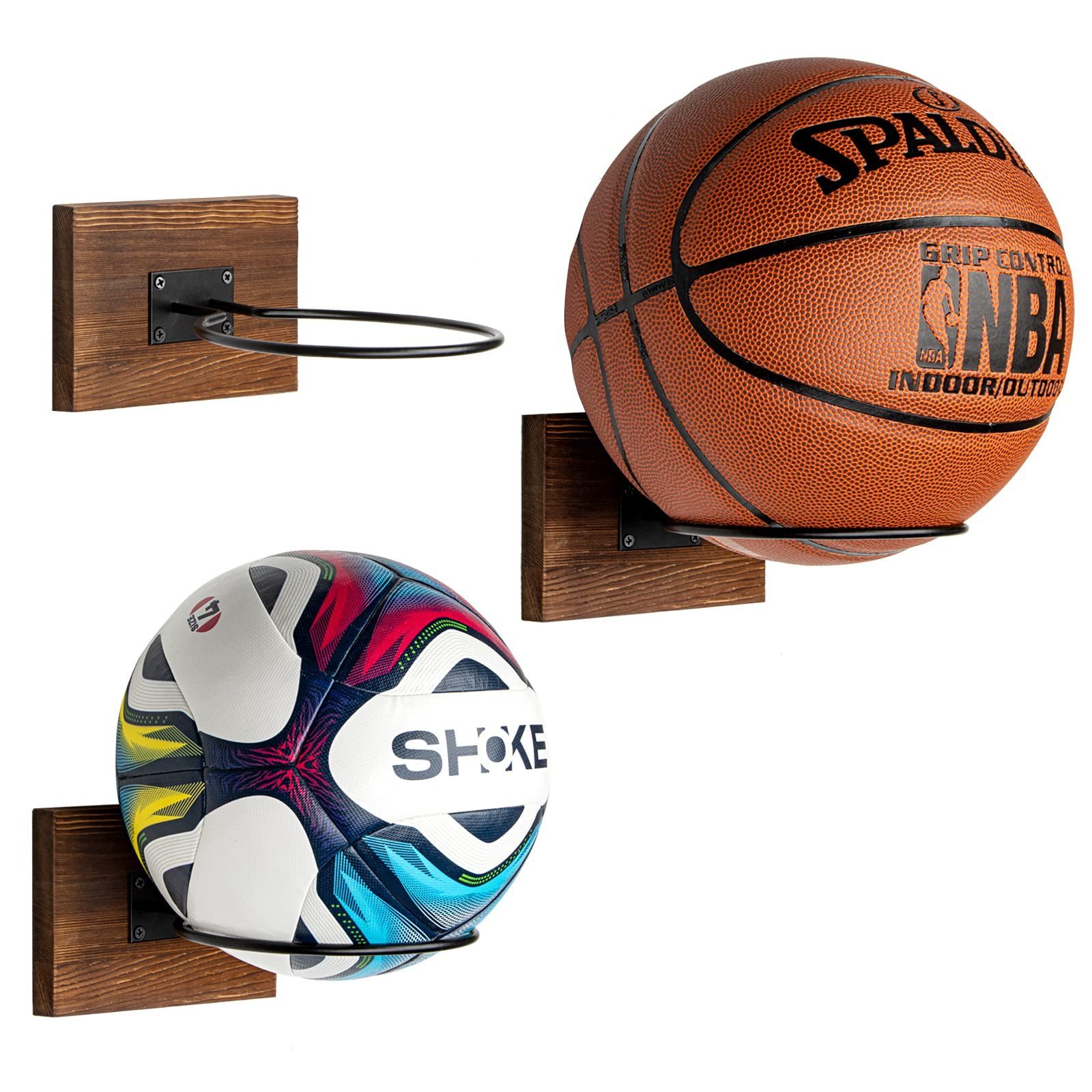 Factory Price Basketball Football Soccer Volleyball Rustic Brown Wooden Wall Mount Holder Wood Metal Ball Display Storage Rack