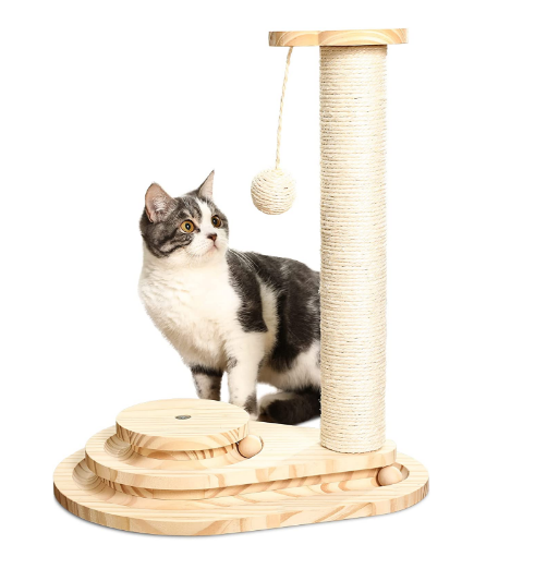 wholesale 3level cat scratching wood mat cat tease toy Solid pine Wood cat toy with tree scratcher