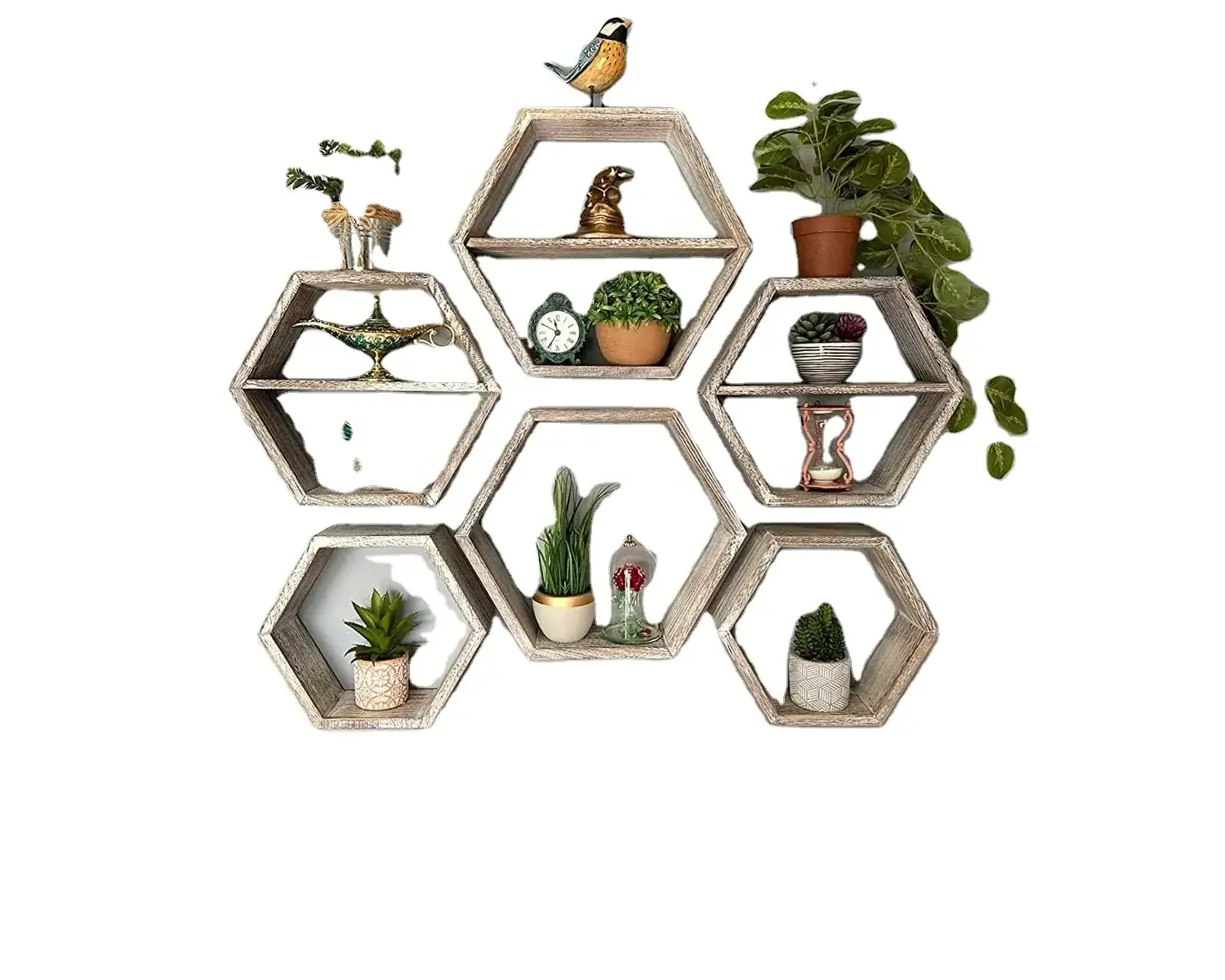 2024 Rustic Wall Mounted Hexagonal Floating Shelves Set of 3 wooden Honeycomb hanging  Shelves wood Honeycomb Wall decor