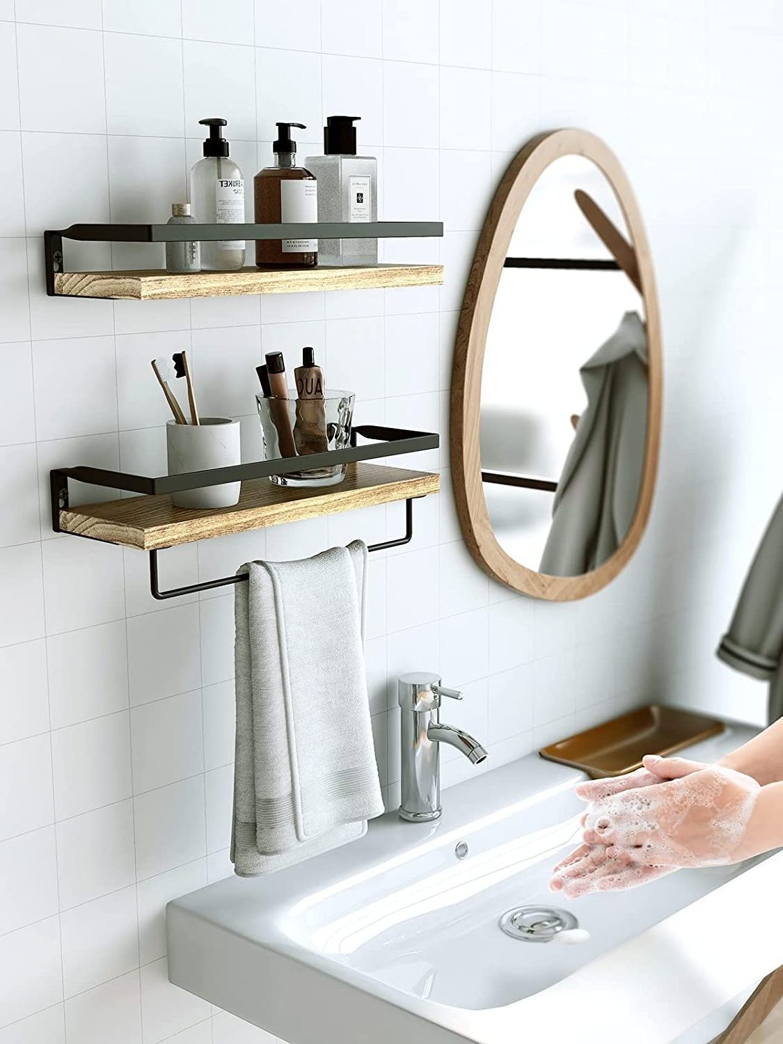 set of 2 floating shelves bathroom shelf with towel rail light brown shelf