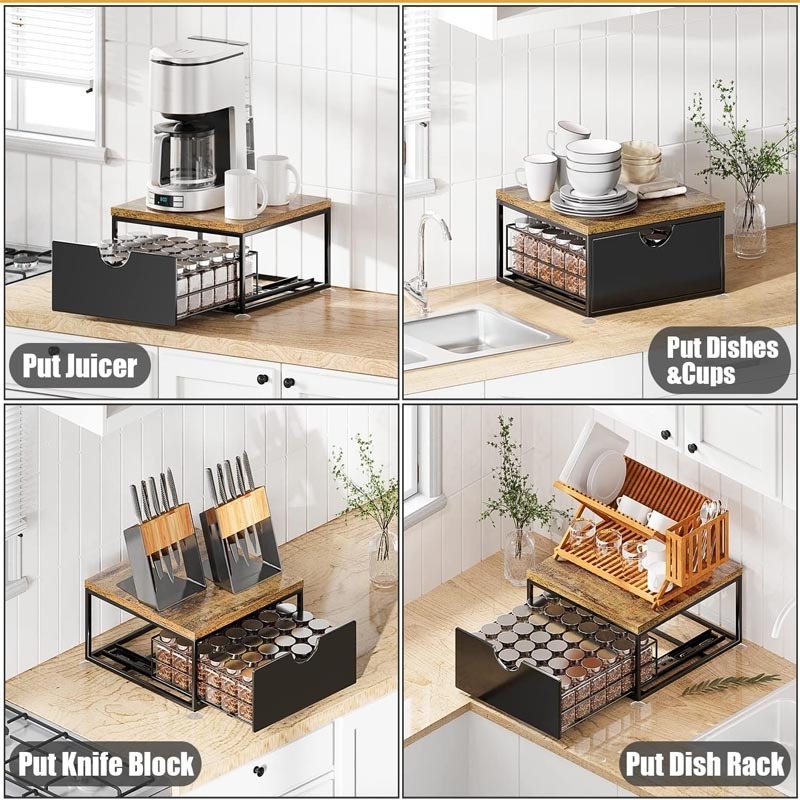 Pull Out Spice Rack Organizer for Countertop Cabinet with Wood Shelf,Drawer Metal Pull Down Spice Drawer Can Hold 36 Jars