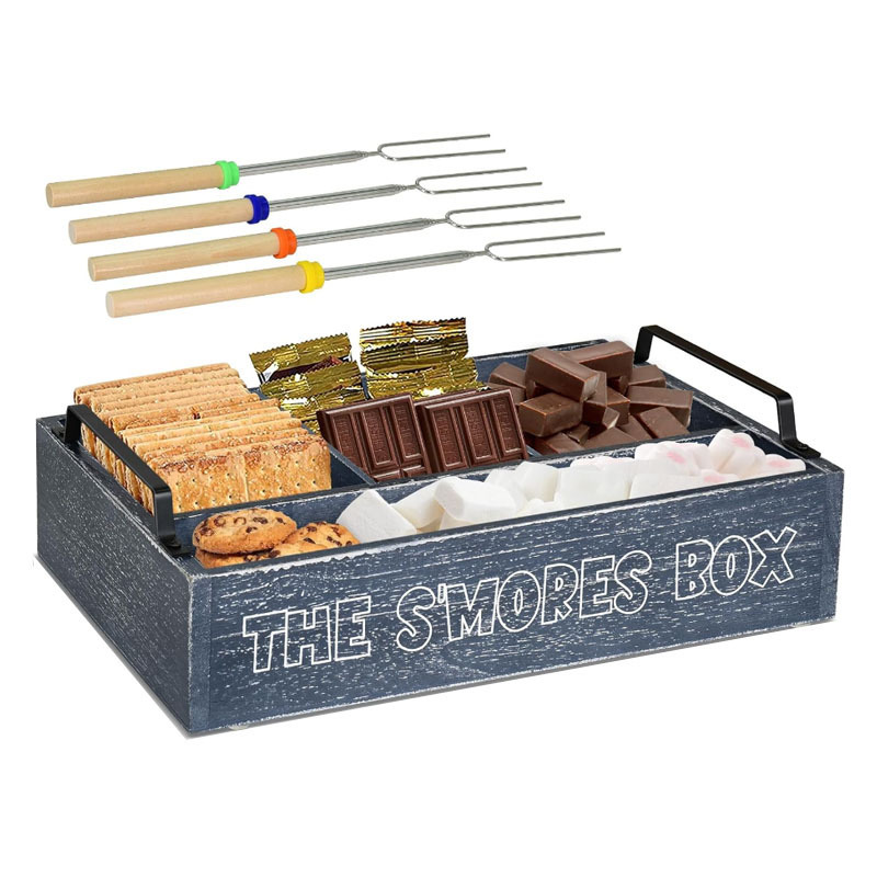 Farmhouse Wooden S'Mores Bar Holder With 4 Extendable Smores Sticks Station Smores Kit for Fire Pit