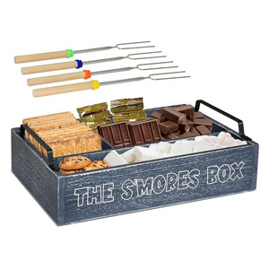 Farmhouse Wooden S'Mores Bar Holder With 4 Extendable Smores Sticks Station Smores Kit for Fire Pit