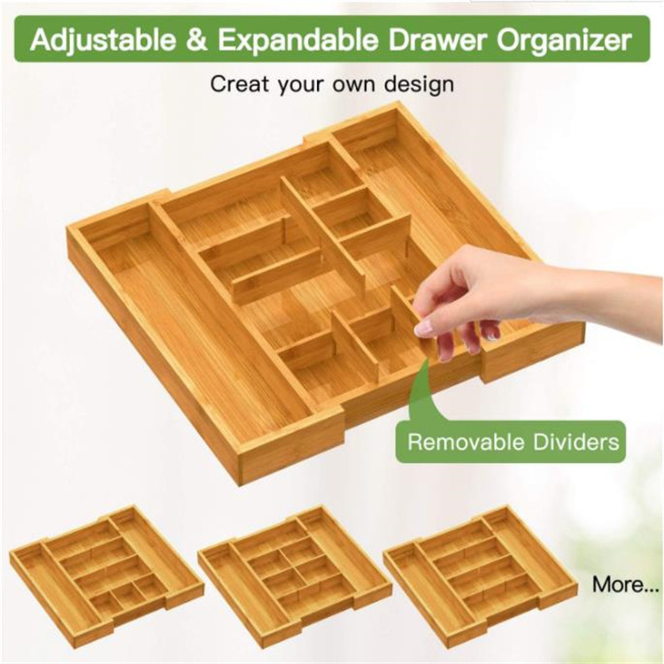 Adjustable Silverware Organizer With Removable Dividers Cutlery Tray Bamboo Expandable Drawer Organizer