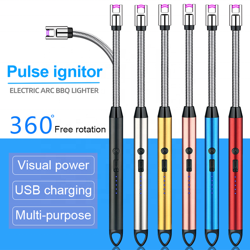 Popular 360 degree rotating Arc lighter USB rechargeable cycle long handle windproof outdoor BBQ candle kitchen lighter