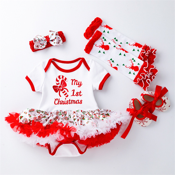 2023 new hot selling kids christmas outfits my 1st christmas outfit 4pcs tutu skirt with headbands shoes girls romper