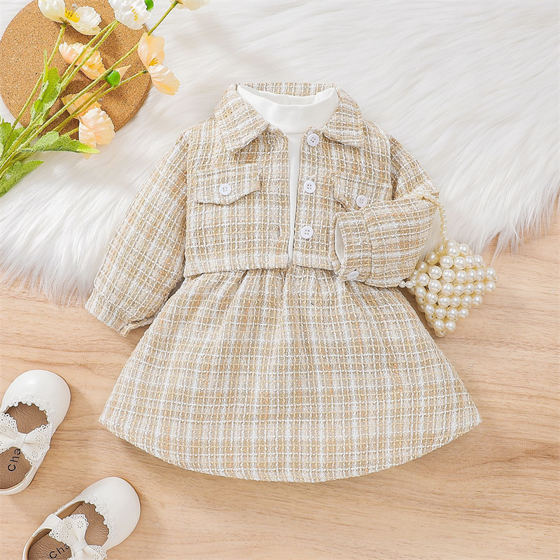 Spring and autumn new girl's wool rack splicing princess solid color plaid dress long sleeve small coat cross-border wholesale