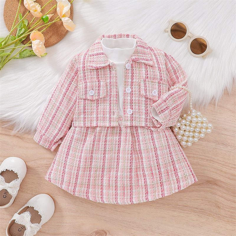 Spring and autumn new girl's wool rack splicing princess solid color plaid dress long sleeve small coat cross-border wholesale