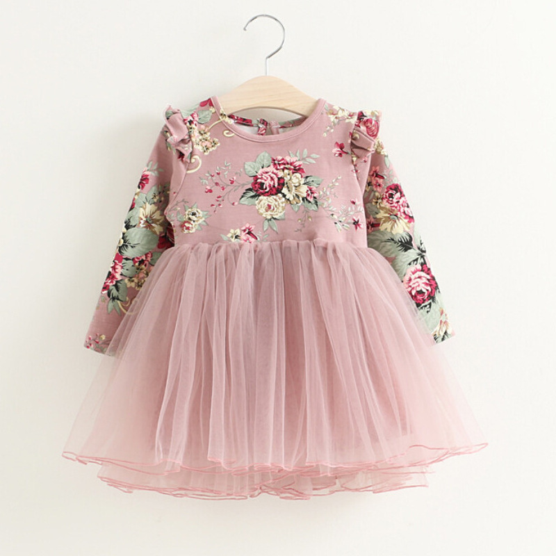 Fashion Christmas Spring Autumn Children Clothing Korean Style Long Sleeve Cotton Floral Tulle Girls Dresses