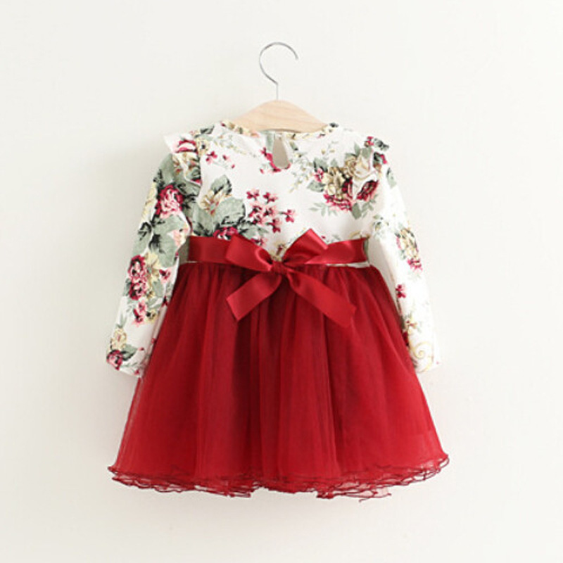 Fashion Christmas Spring Autumn Children Clothing Korean Style Long Sleeve Cotton Floral Tulle Girls Dresses