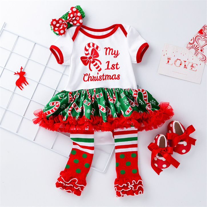 2023 new hot selling kids christmas outfits my 1st christmas outfit 4pcs tutu skirt with headbands shoes girls romper