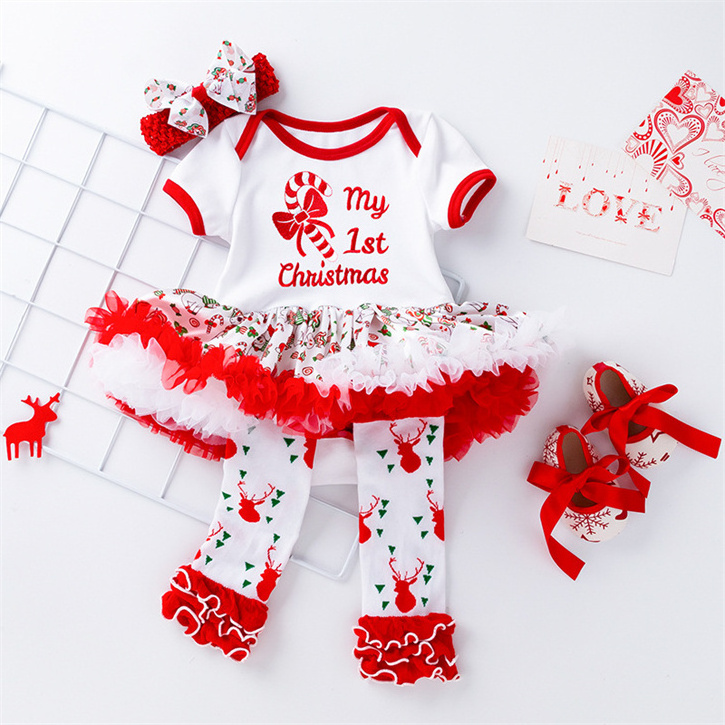 2023 new hot selling kids christmas outfits my 1st christmas outfit 4pcs tutu skirt with headbands shoes girls romper