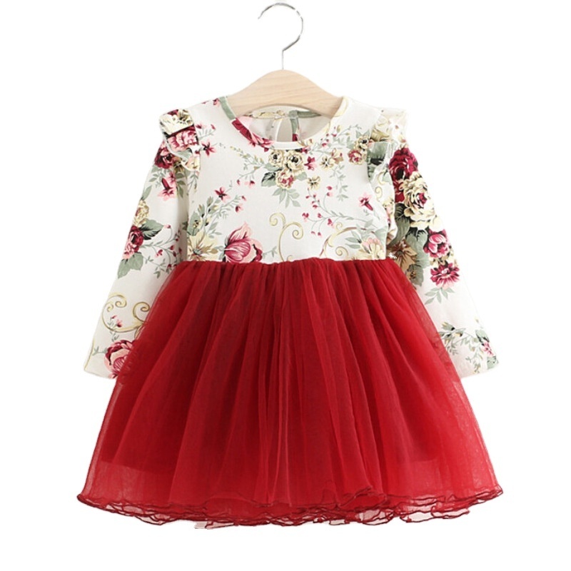 Fashion Christmas Spring Autumn Children Clothing Korean Style Long Sleeve Cotton Floral Tulle Girls Dresses