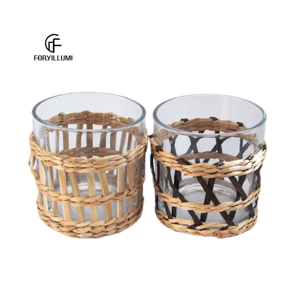 candle glass jar rattan sleeve wrapped soy wax candle in a wide-mouth clear glass jar for home decor