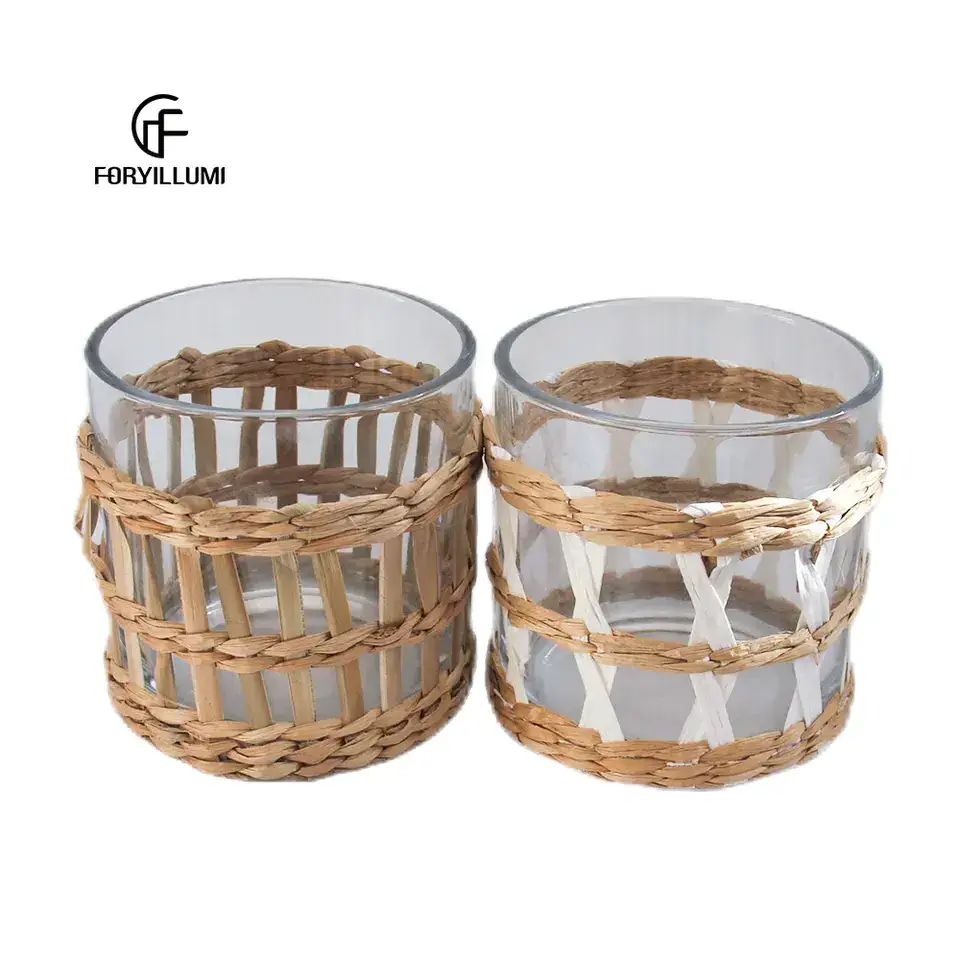 candle glass jar rattan sleeve wrapped soy wax candle in a wide-mouth clear glass jar for home decor