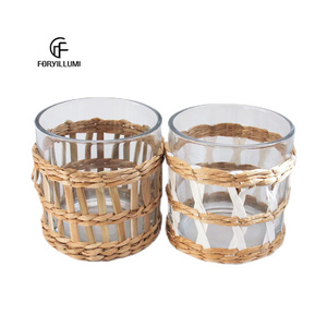 candle glass jar rattan sleeve wrapped soy wax candle in a wide-mouth clear glass jar for home decor