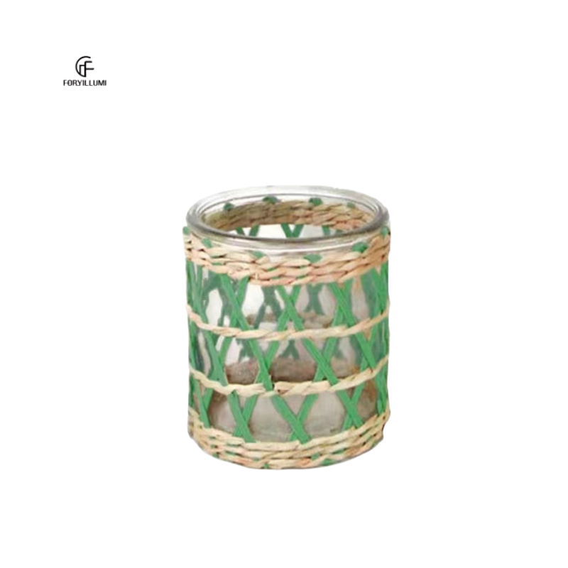 Rustic green color Wicker Rattan wrapped candle tea light lantern holder insert 8 inches glass jar religious candle