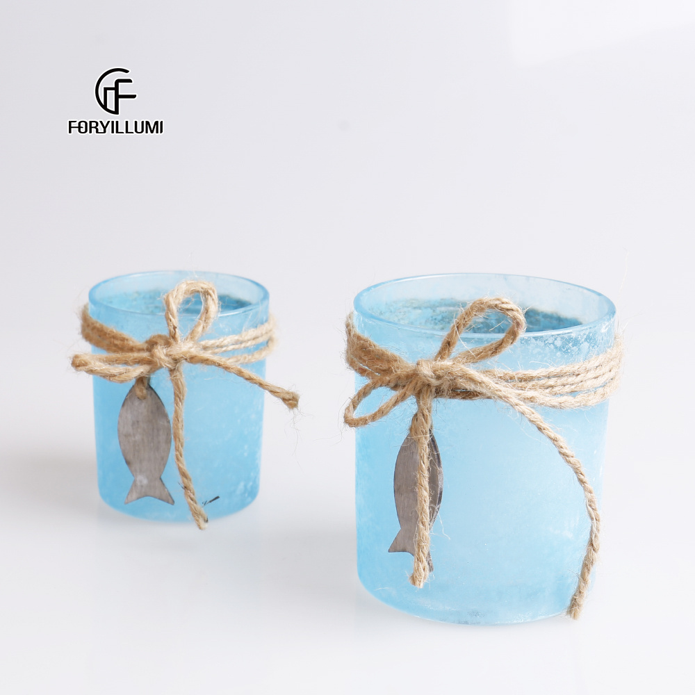 Wholesale light blue unique votive candle jar container empty decorative Glass candle holder for wedding