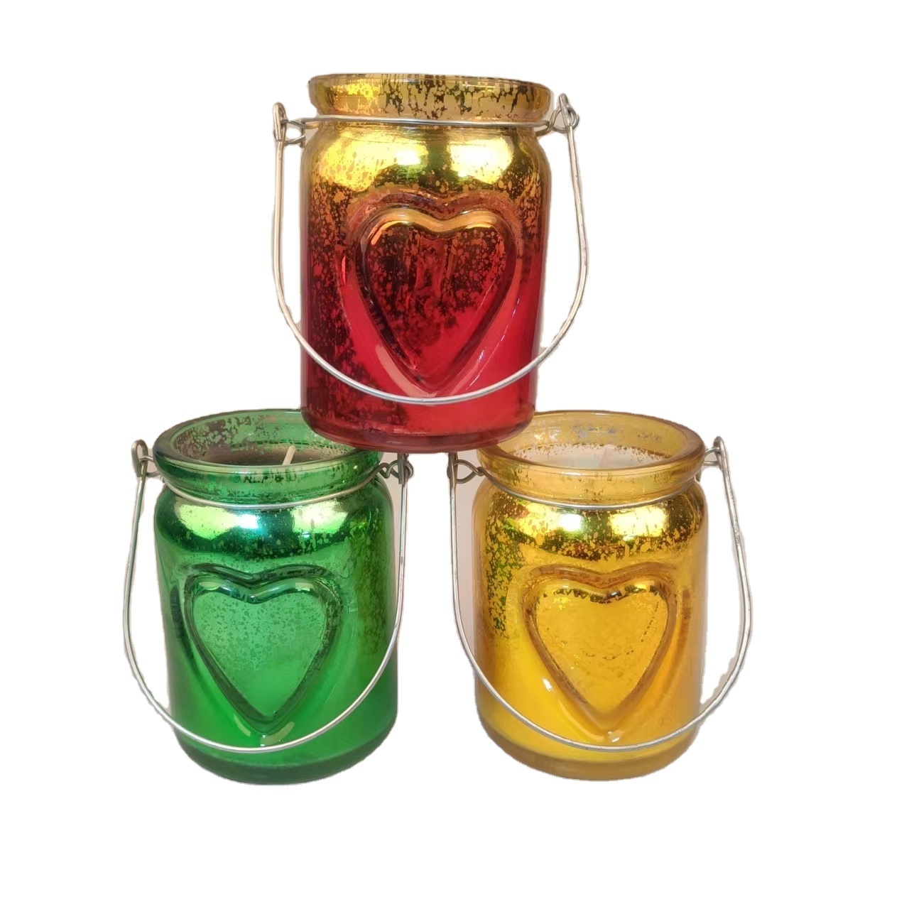 100ml 150ml 250ml Heart shaped glass candle holder glass jars with metal handle  for candle making