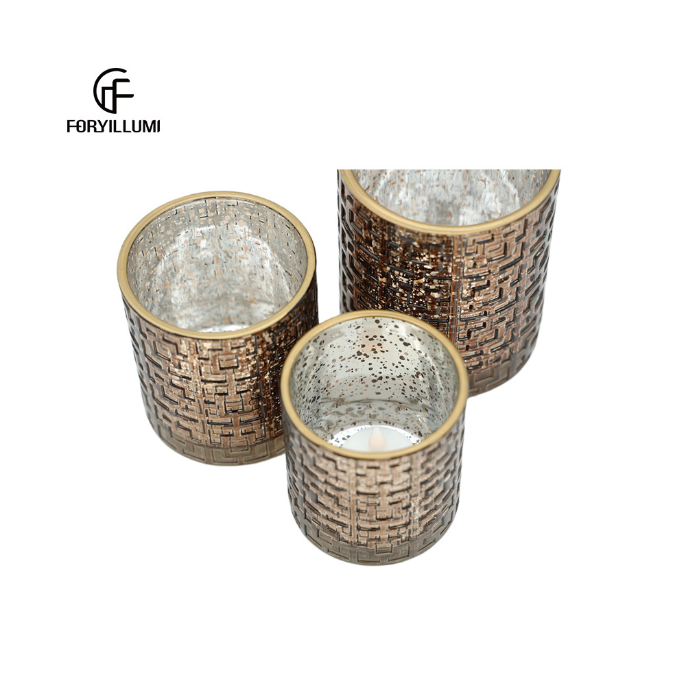 Luxury 3pcs round empty gold rim glass candles jars container custom empty amber brown color votive vessel holders