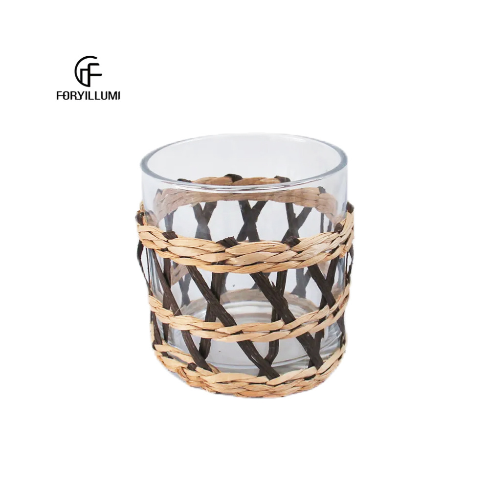 candle glass jar rattan sleeve wrapped soy wax candle in a wide-mouth clear glass jar for home decor