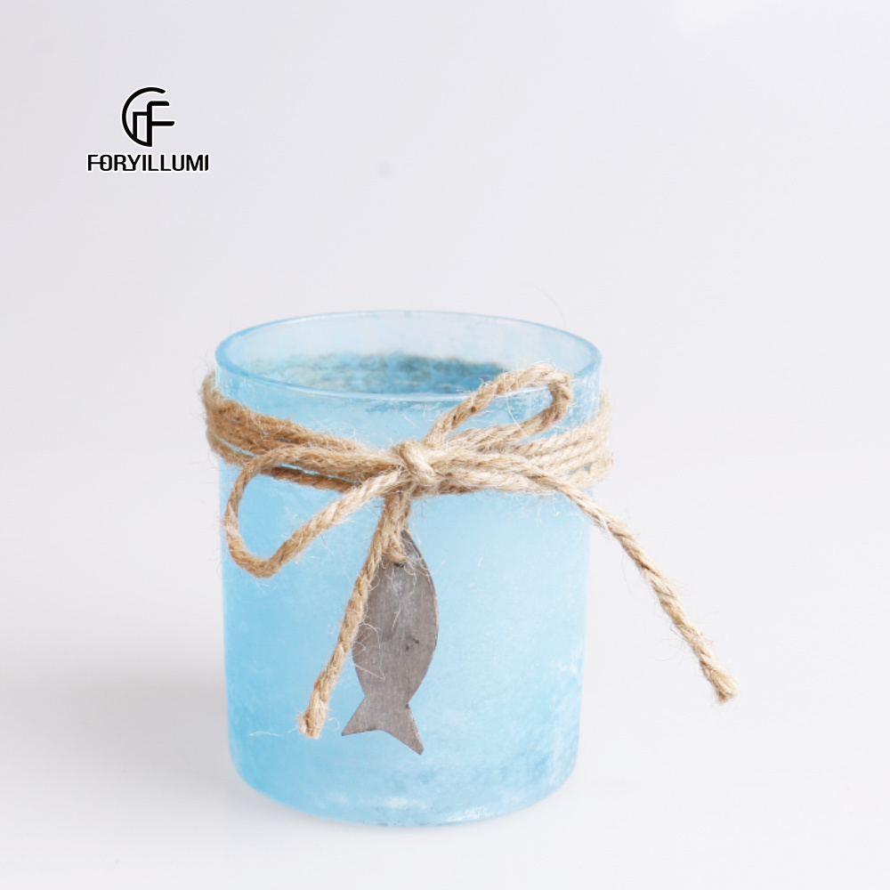 Wholesale light blue unique votive candle jar container empty decorative Glass candle holder for wedding