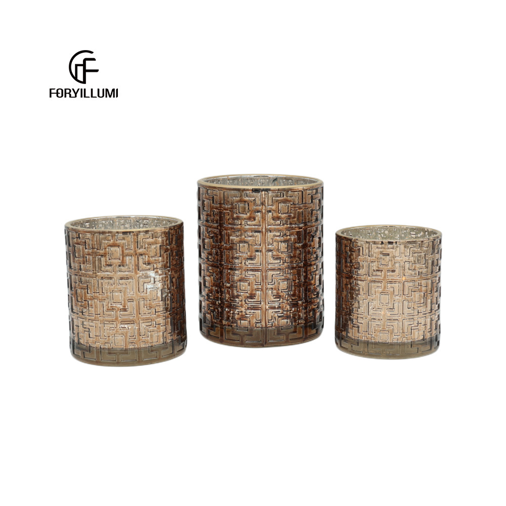 Luxury 3pcs round empty gold rim glass candles jars container custom empty amber brown color votive vessel holders